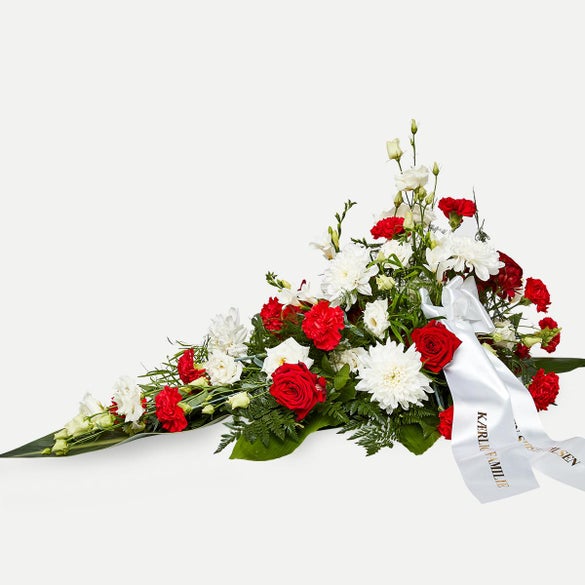 Båredekoration i klassisk stil - rød og hvid - med bånd